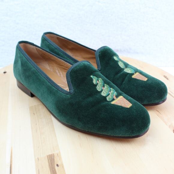 Stubbs Wootton Velvet Loafer Womens 6 Green Embroidered Preppy Smoking Slipper - Picture 1 of 12